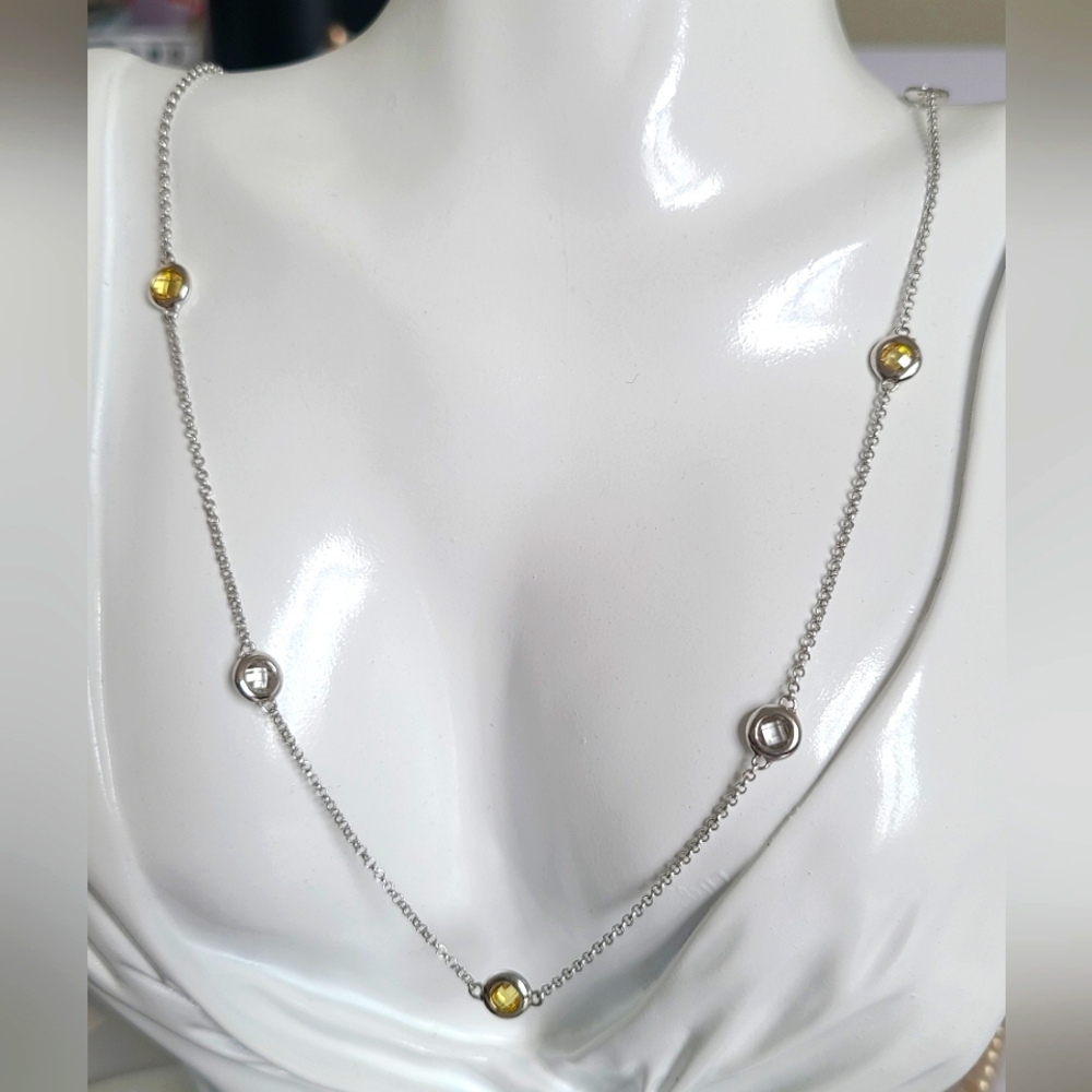 Vintage Elegant Boho Sterling Silver Long Chain Yellow Crystal Chain Necklace